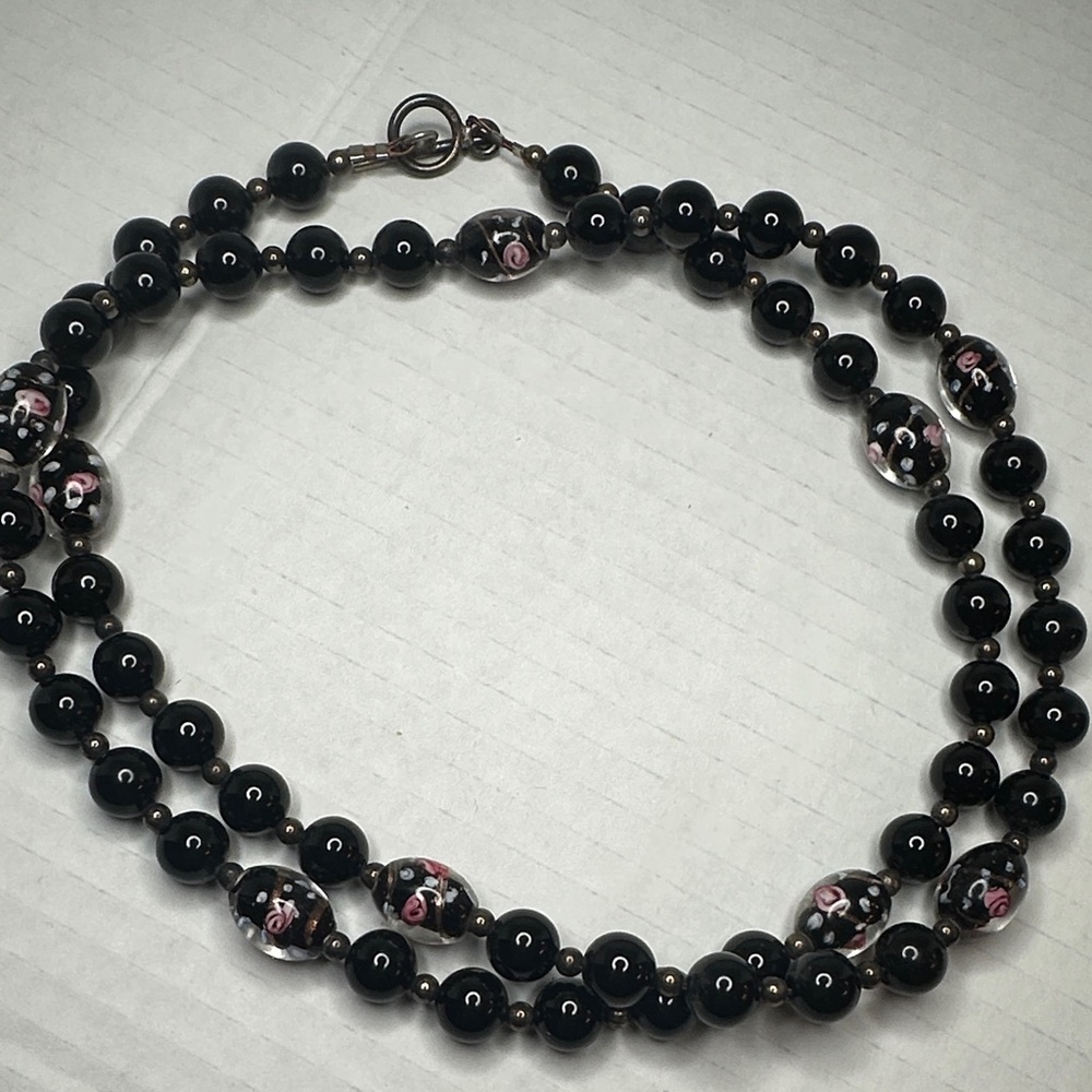 Vintage Black Onyx With Floral Lamp-work Beads